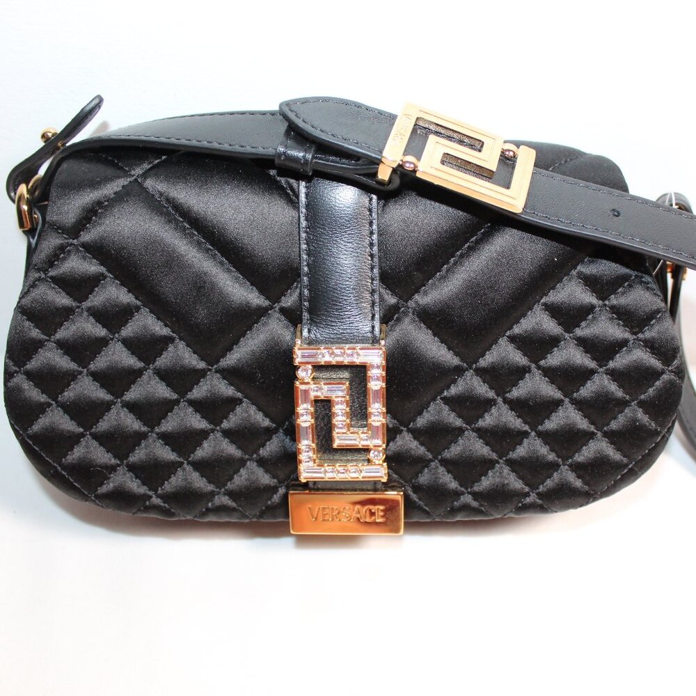 NWOT Versace Greca Goddess Satin Quilted Shoulder Bag Black